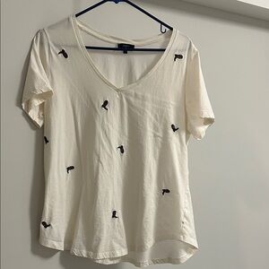 Studio Cream V-Neck Tee with Black Embroidery